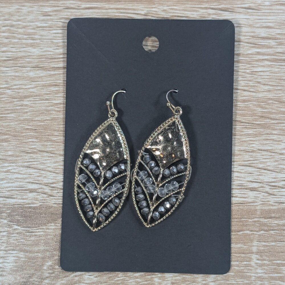 Gold Tone Leaf Dangle Earrings Black Gray Crystal Beaded Boho Fashion